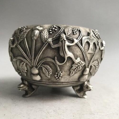 China antiques tibetan silver hand carved frog bird flower anima incense burner