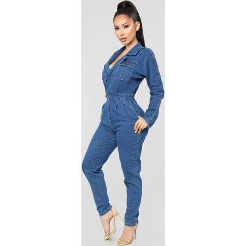 Sexy Denim Women Romper Long Sleeve V Neck Slim Winter Autumn Jeans Jumpsuit Female 2020 New Casual Pants Overalls