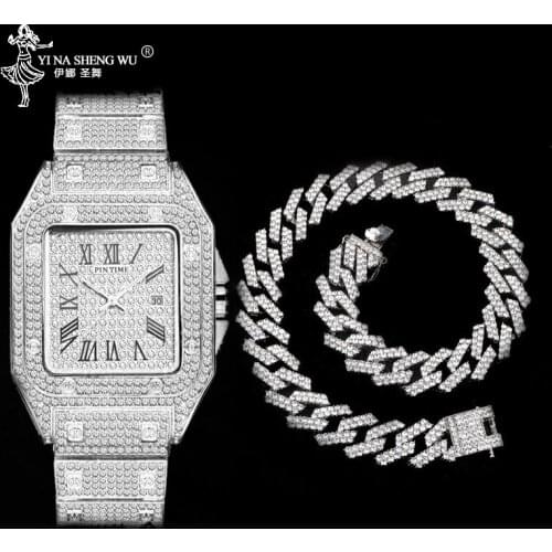 Hip Hop Necklace & Men Square Quartz Watch Combet Set Gold Color Heavy Iced Out Paved Rhinestones Cuban Chain CZ Bling Jewelry