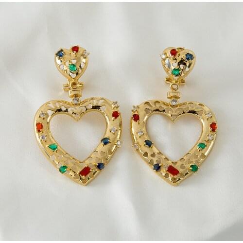 2021 Spring New Arrival Copper Heart Pendant With Colorful Crystal Bling Earring For Women Wedding Trend New Year Gift