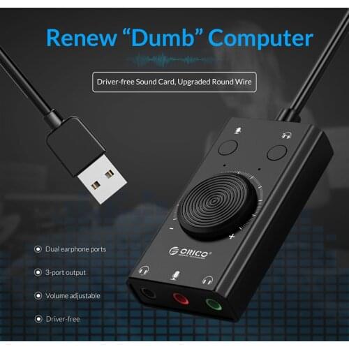 ORICO Portable USB Sound Card for Microphone Earphone 2 in 1 With 3 Port Output Volume Adjustable External For Windows Mac Linux