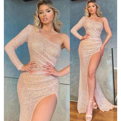 Rose Gold Plus Size Arabic Aso Ebi One Shoulder Mermaid Evening Dresses High Split Sequined Arabic Women Formal Party