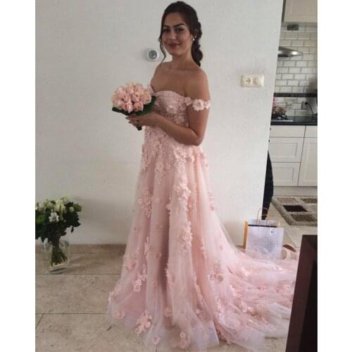 Pink Muslim Evening Dresses A-line Off The Shoudler Flowers Beaded Islamic Dubai Saudi Arabic Long Evening Gown Prom Dress