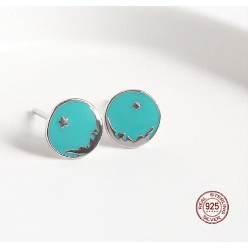 LKO Stars Round Stud Earring 925 Sterling Silver Temperament Drop Enamel Mint Green Colour Earrings For Women Trend Ornaments