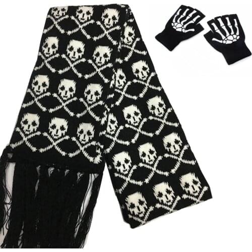 Fashion Skull Knitted Women Men Winter Scarf Skeleton Scarves Party Wraps with Black Fringe