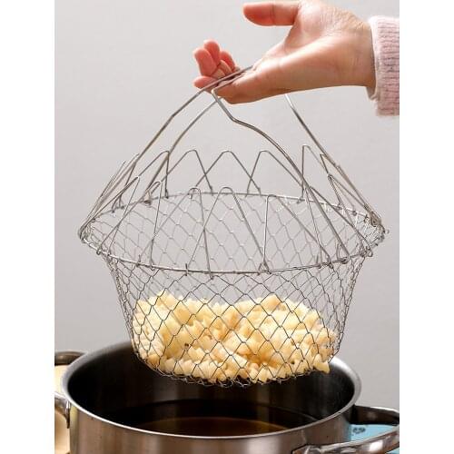 Folding Frying Basket Stainless Steel Round Telescopic Oil Filter Blue Artifact Household French Fries Leaking Net Leak Tool