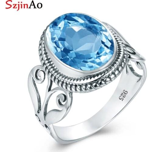 Szjinao Branded Fine Jewellery Elegant Oval Blue Topaz Ring S925 Genuine Gemstone Romantic Gift Engagement Women Accessories