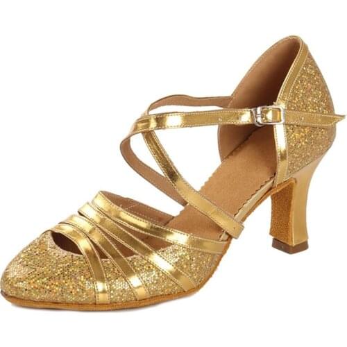 USHINE heel 7cm/5cm gold glitters Zapatos Salsa Mujer ballroom Zapatos De Baile Latino Mujer ballroom aLatin dance shoes woman