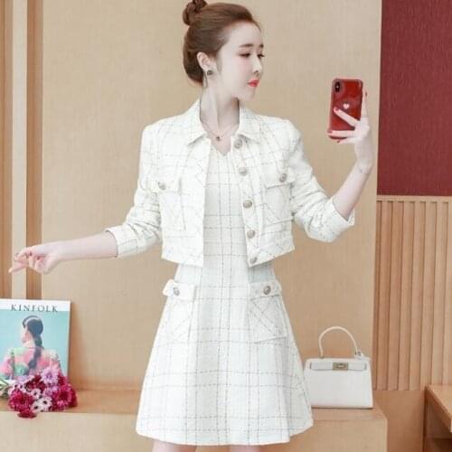 2021 Korea Elegant 2 Piece set Women Plaid Tweed Lapel Long Sleeve Jacket Coat + Retro Fashion sleeveless A-Line Dress Suit