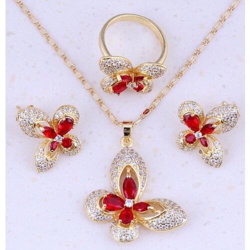 Gracious Red Crystal White Cubic Zirconia Yellow Gold Color Jewelry Sets For Women Wedding Trend Fashion Jewelry A0007