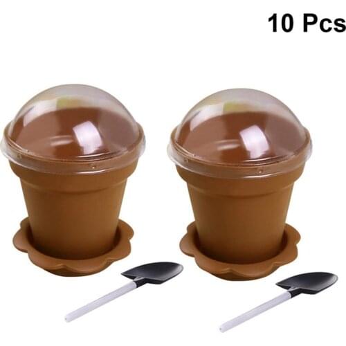 10pcs Flowerpot Cake Cups with Lid Shovel Scoop Bottom Tray Plastic Yogurt Cup Dessert Container for Ice Cream Mousse