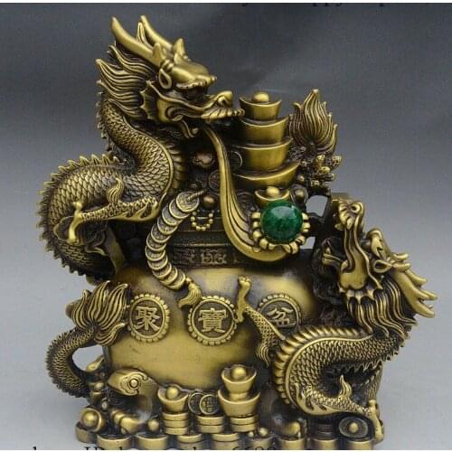 12" Chinese Fengshui animal Brass Wealth 2 Dragon Play Ball Treasure Bowl Statue