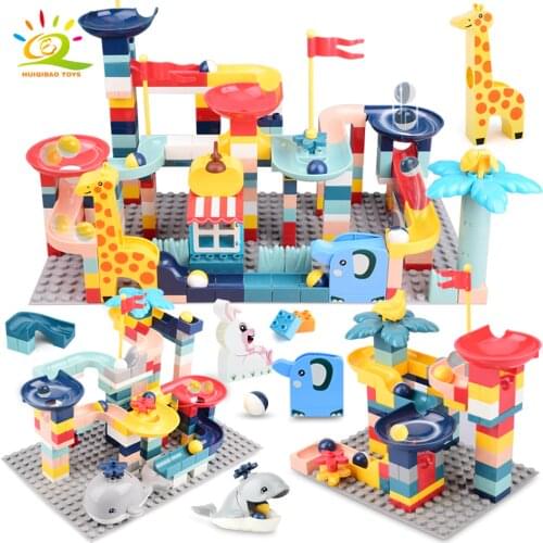 HUIQIBAO 86-217PCS Animals Marble Race Large Size Building Blocks Big Bricks with Baseplate Run Ball Track Children Kids Toys