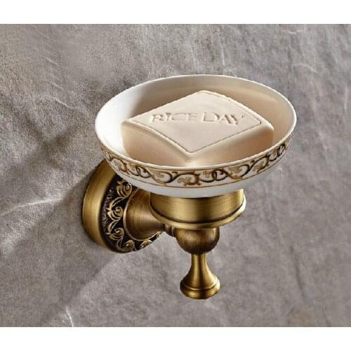 Bathroom Accessory Vintage Retro Antique Brass Carved Flower Pattern Base Wall Mounted Bathroom Ceramic Soap Dish Holder mba492