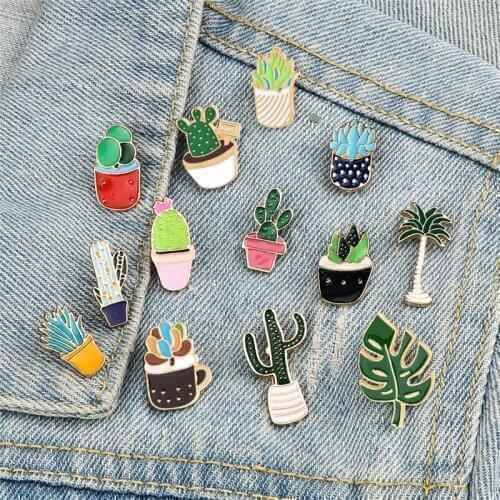 Cartoon Green Plants Brooches Bonsai Cactus Tree Badges Fashion Lovely Enamel Pins Denim Jackets Lapel Jewelry For Women Friends