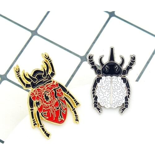 Black and white brain rhino beetle Enamel Brooch Red heart Dynastes Hercules beetle Lapel Pin Cartoon insect Bag Jackets Badge