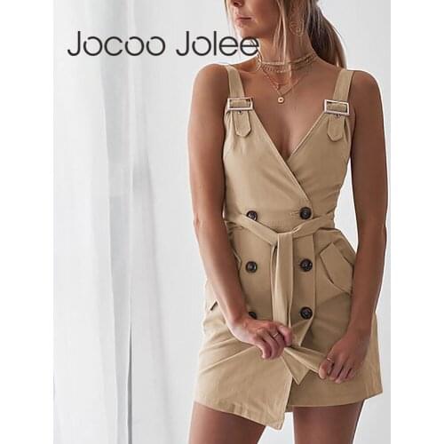 Jocoo Jolee Elegant Sashes Khaki Cotton Dress Casual Summer Sleeveless Button Pockets Mini Dress Vintage Solid Rompers 2020