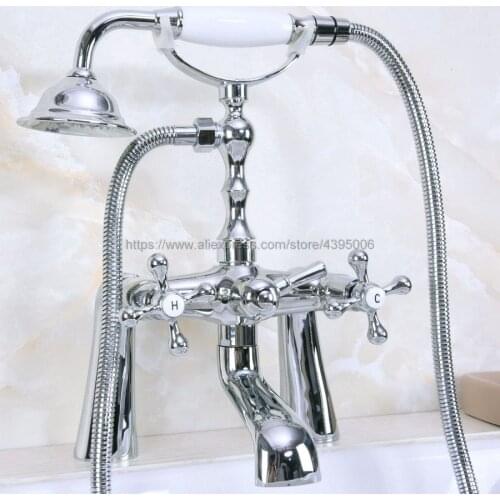 Bathtub Faucets Chrome Luxury Deck Mounted Telephone Style Clawfoot Tub Mixer Tap with Handheld Spray Shower Bna127
