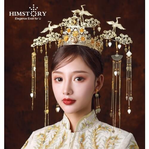HIMSTORY Classic Ancient Chinese Hair Accessories Flying Bird Gold Bridal Headdress Phoenix Long Tassel Crown Hair Jewelry
