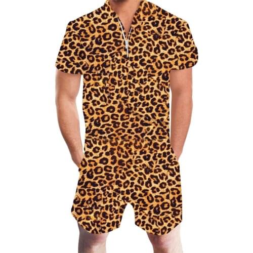 OGKB Men Rompers Leopard Printing Zip Up Short Sleeve Casual Hawaiian Jumpsuits Breathable Streetwear Playsuit Overalls Hip Hop