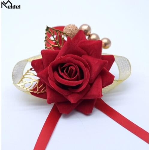 Red Bridesmaids Wrist Corsage Party Fabric Rose Wristband Flower Ribbon Decor Bride Wedding Ornament Decor Bridesmaid Hand Flore