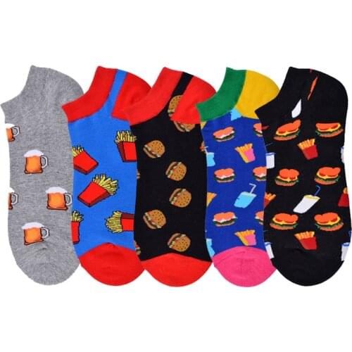 Cool Beer French fries Happy Crew Burger Street Skate Socks Boat Ankle Cotton Short Summer Funny Women Men Boat Socks Invisible
