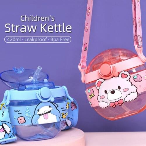 New Baby Straw Water Cup with Shoulder Strap Travel Sealed Leak-Proof Water Bottle Creative Cartoon Children Kettle 420ml
