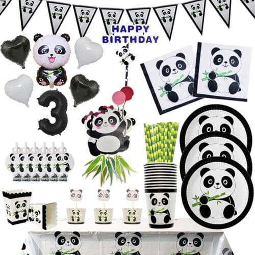 Panda Theme Disposable Tableware Supplies Cups Plates Napkins Baby Shower Panda Birthday Foil Balloons Birthday Party Decoration