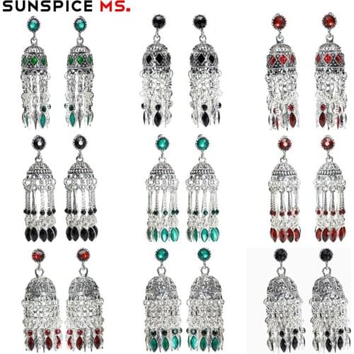 SUNSPICEMS Wholesale Bohemia Retro Silver Color Long Dangle Drop Earring Indian Ethnic Tassel Women Earring Sets Wedding Jewelry
