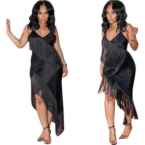 SKMY Party Dresses 2021 Summer New Style Sexy Solid Color Spaghetti Strap V-Neck Tassel Patchwork Irregular Bodycon Dress Club