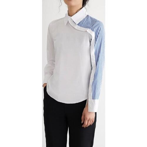 New Autumn Runway Women Blue Striped Patchwork White Blouses Office Lady Elegant Chemise Long Sleeve Irregular Cotton Shirt Tops