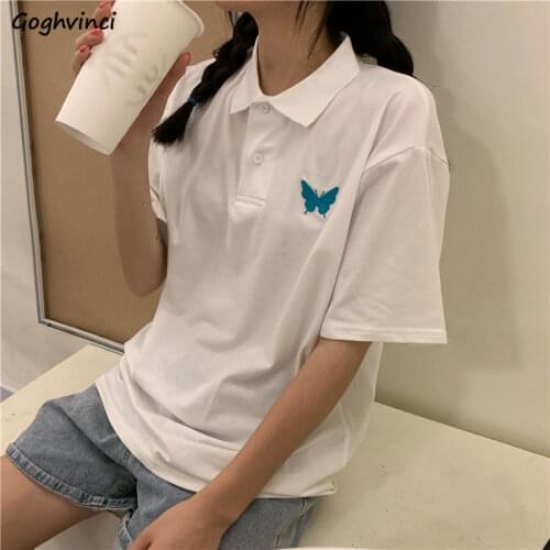 Harajuku Embroidery T-shirts Women Turn-down Collar Cotton Tees Short Sleeve Students Baggy Comfy Streetwear Stylish Preppy Chic