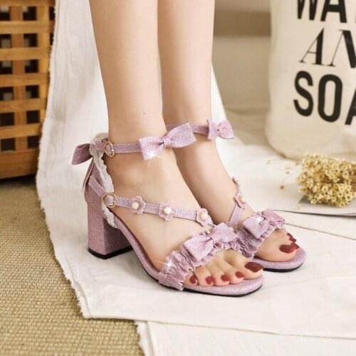 Girls Sweet Lolita Crystal Bowknot Lace Bridal Wedding Shoes Women High Heel Bordered Princess Dress Sandals Plus Size 28-45