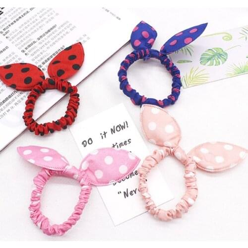 2021 Women Girls Cloth Craft Rubber Band Cute Rabbit Ears Bowknot Ruched Hair Rope Polka Dot Printed Ponytail Holder Sweet Candy