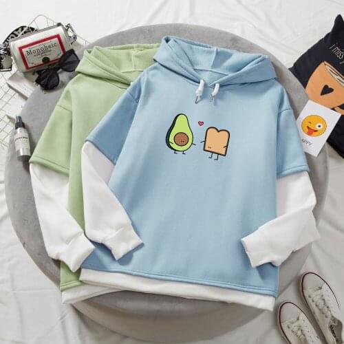 Color Block Hoodie Blue Korean Fashion Patchwork Oversize Sweatshirt Women Cute Kawaii Avocado Toast Casaco Feminino Inverno