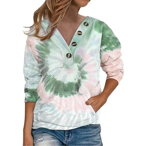 Plus Size Hoodie Sweatshirt Women Loose Tie-dye Print Buttoned Long Sleeve Sweatshirt Sudaderas Con Capucha Vetement Femme 2021