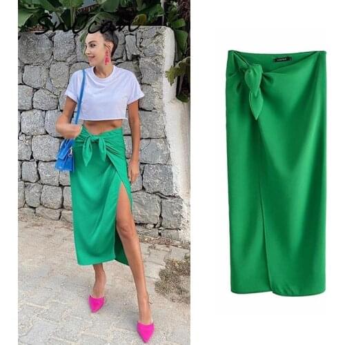 Solid Knots Slit Midi Skirt High Waist A Line Fashion Office Ladies Long Skirts Za 2021 Women Summer Vintage Faldas Mujer Jupe