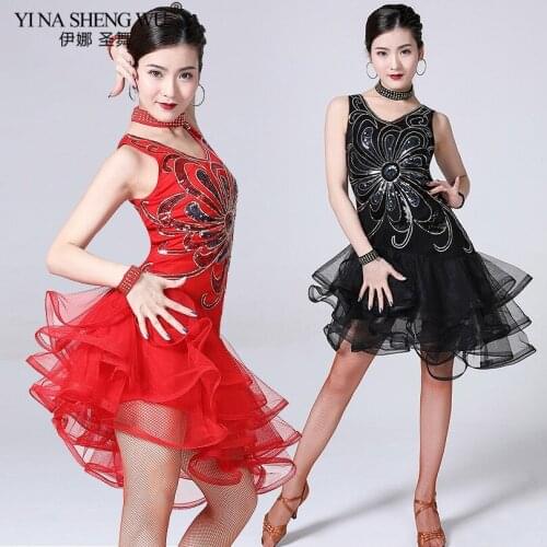 Women Latin Dance Dresses 5pcs Competition Clothes Salsa SambaWear Sexy V-neck Tutu Dress Sequins One-Piece With Necklace Shorts
