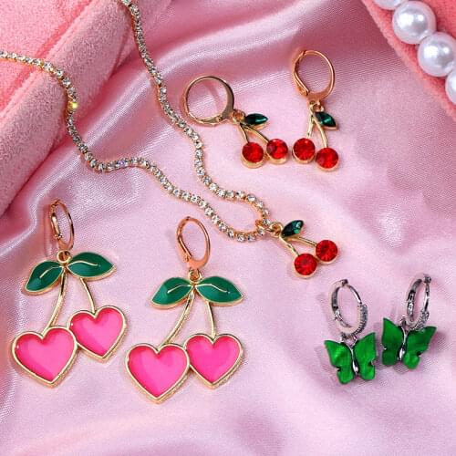 JUST FEEL New Fashion Pink Heart-shaped Drop Earrings for Women Exquisite Cute Cherry Fruit Earring Korean Sweet Jewelry Gift
