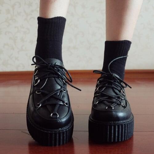 Japanese Harajuku Dark Black Shoes Girl Muffin Thick Sole Shoes Gothic Pentagram Thick Soled Platform Retro Women Vintage Shoes
