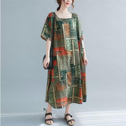 Oversized Women Vintage Print Long Dress New Arrival 2021 Summer Indie Folk Style Loose Comfortable Female Casual Dresses S3502