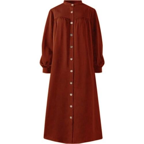 Women Autumn Winter Long Puff Sleeve Buttons Pockets Loose Maxi Shirt Dress Robe
