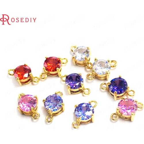 10PCS 6MM 24K Champagne Gold Color Brass and Zircon 2 Holes Round Connect Charms Pendants Jewelry Making Supplies