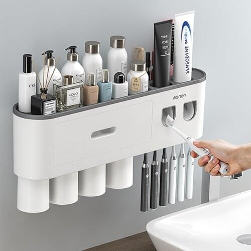 Automatic Toothpaste Squeezer Dispenser Storage Rack Magnetic Adsorption Inverted Toothbrush Holder Double Bathroom Accessories