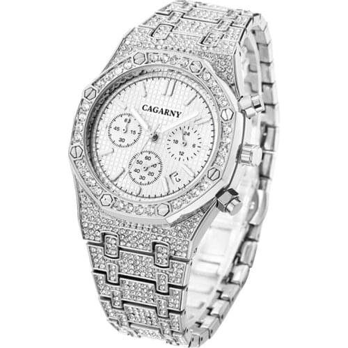 Full Diamonds Hip Hop Watches Mens AAA CZ Watch Men Waterproof Quartz Wristwatch Silver Steel Chronograph Relogio Masculino