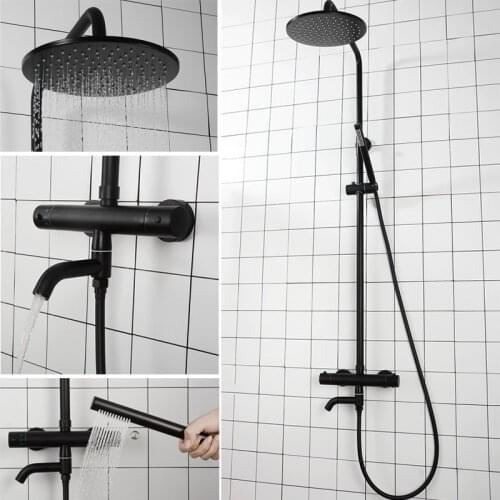 Black Thermostatic Shower Faucets Wall Mounted Hot Cold Shower Mixer Taps Rainfall Shower Set Waterfall Bathroom Rain Mixers