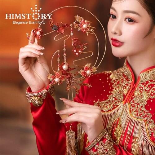 HIMSTORY New Chinese Red Bridal Fan Bouquet Tassel Handmade Flowers Beaded Ancient Wedding Metal Round Hand Fans Accessories