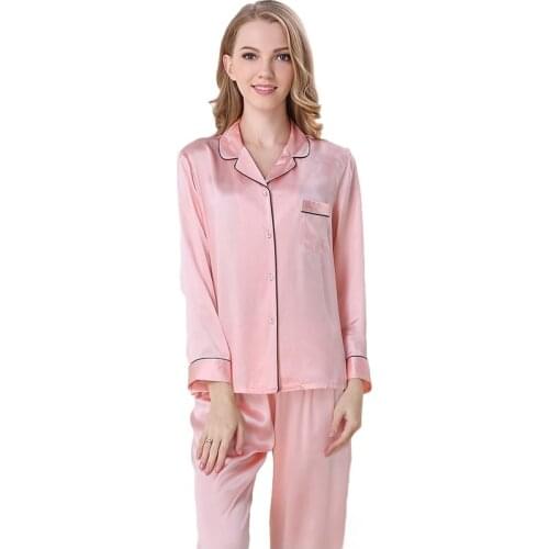 Classic Silk Satin Women Pajama Sets Notch Collar Long Sleeves Top with Full-Length Pant Pajamas Pyjama sp0062