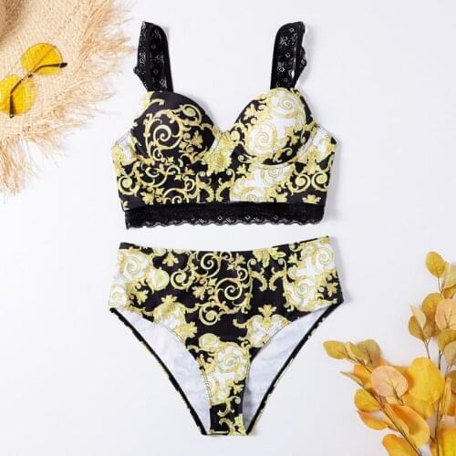 Print High Waist Bikinis Set Sexy Lace Strap Swimwear Women Push Up Swimsuits Female Bathing Suit Brazilian Bikini 2021 Mujer