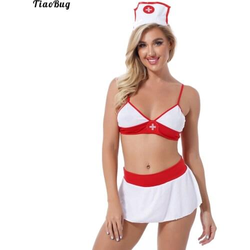 TiaoBug Women Nurse Role Play Outfits Lingerie Set Honeymoon Gift Nightwear Unlined Bra With Mini Skirt Hair Hoop G-String